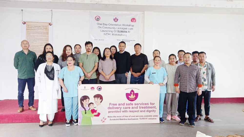 Orientation workshop on community linkages cum launching of SUMAN at IMDH Mokokchung was held on October 26. Chumlamo Humtsoe, ADC graced the launching programme. Dr Supongmeren, Sr Specialist, Obs & Gyn, IMDH Mokokchung highlighted the vision, goal and objectives of SUMAN; Dr Marina, Medical superintendent, IMDH Mokokchung delivered the welcome address; and Dr Limatula Aier, CMO Mokokchung encouraged the participants to decimate the correct information on SUMAN to the community. (Photo Courtesy: CMO Mokokchung)